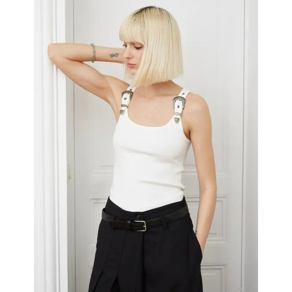 Pixie Market Buckle Strap White Ribbed Tank Top S Coastal‎ Cowgirl Rodeo Western